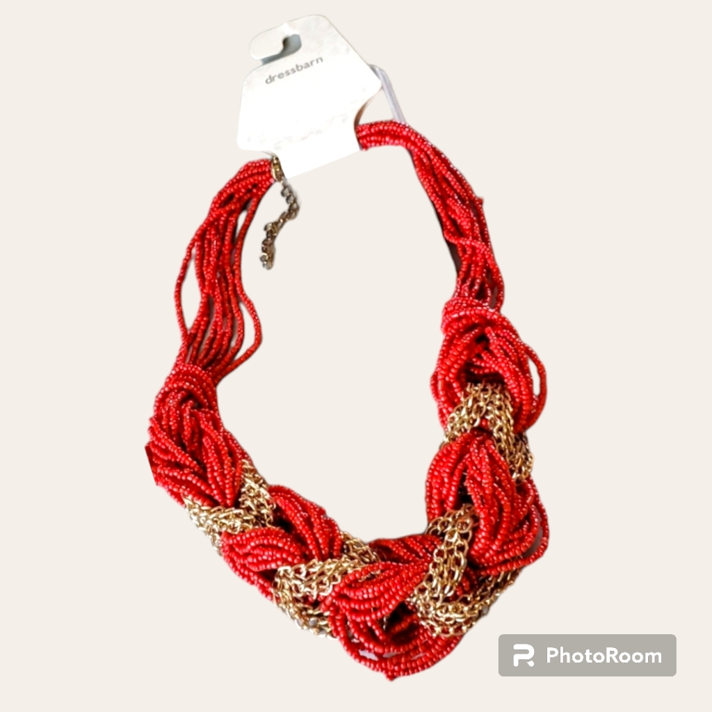 Braided Red And Gold Beaded Necklace.